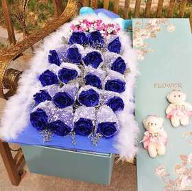 山海深情    19支蓝色妖姬，羽毛，相思梅，60cm 礼盒（1914）