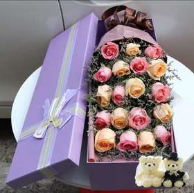 全世爱       10支香槟玫瑰，9支戴安娜玫瑰，2小熊，情人草搭配，50cm礼盒(1892)
