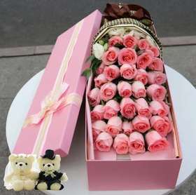 怦然心动       33支戴安娜玫瑰，2小熊，桔梗搭配，55cm礼盒（1889)
