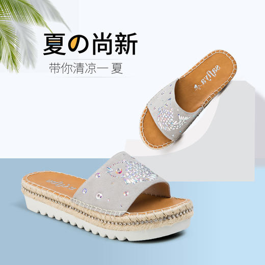 商场同款 | Safiya/索菲娅羊反绒一字拖女中跟拖鞋女SF82110355 商品图2