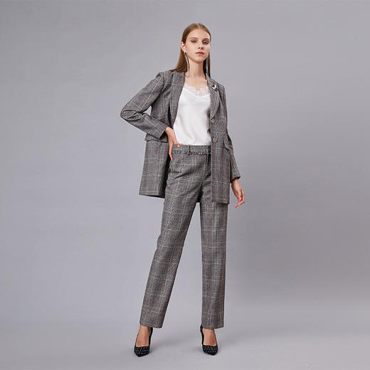 棕灰色羊毛混纺格纹直身长上衣 商品图1