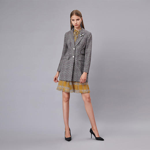 棕灰色羊毛混纺格纹直身长上衣 商品图0