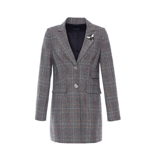 棕灰色羊毛混纺格纹直身长上衣 商品图4