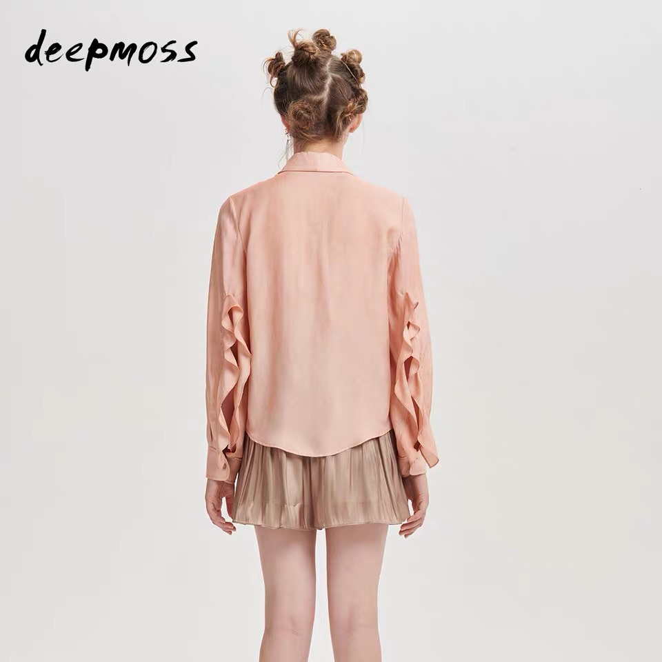 deepmoss2020春夏新款 设计感纯色鲑鱼粉花瓣袖衬衫 dm20sssh05n2