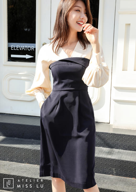 AtelierMissLu / Estrella-典雅蓝白拼色收腰修身裙 商品图9