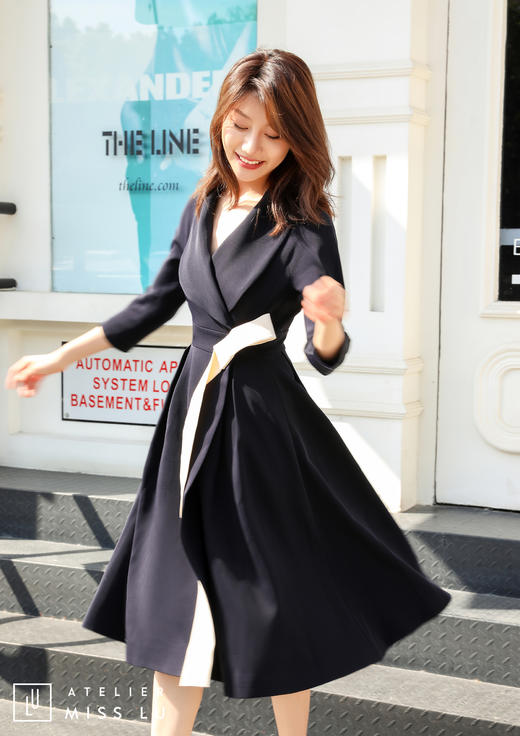 AtelierMissLu /Victoria-优雅藏青色系带翻领外套 商品图12