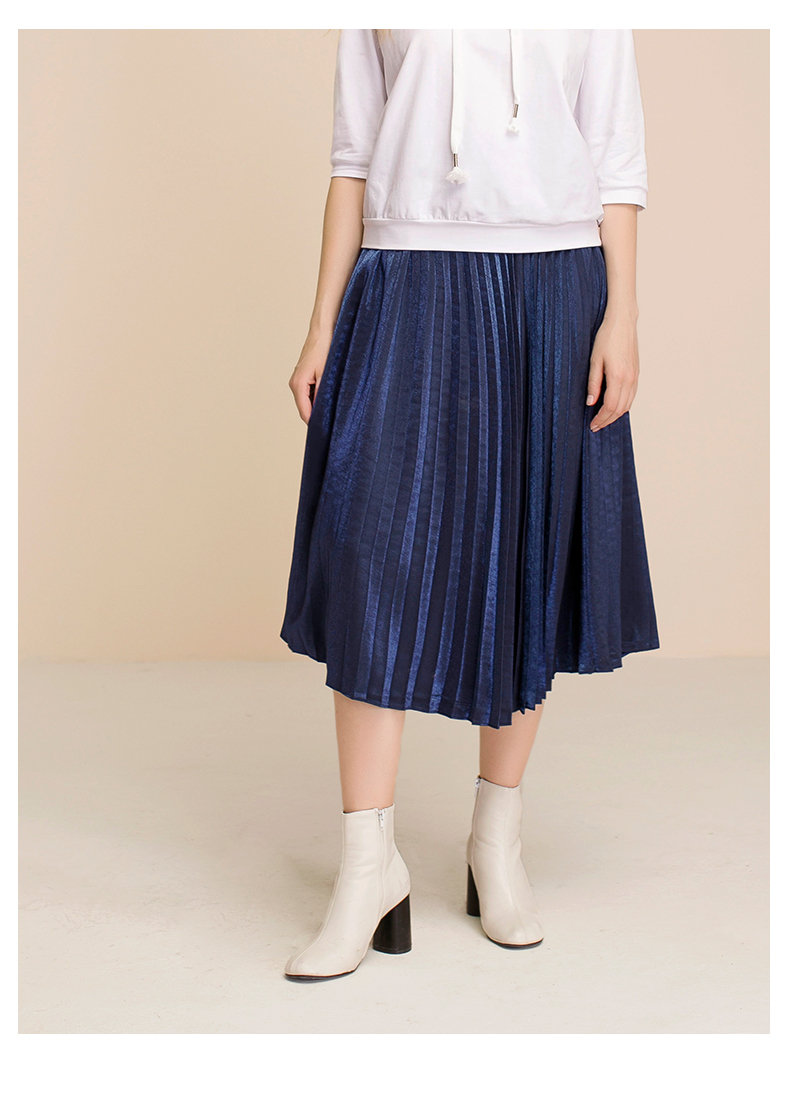 卓多姿蓝色百褶裙女高腰秋冬新款中长款纯色a字风琴褶半身裙838215.