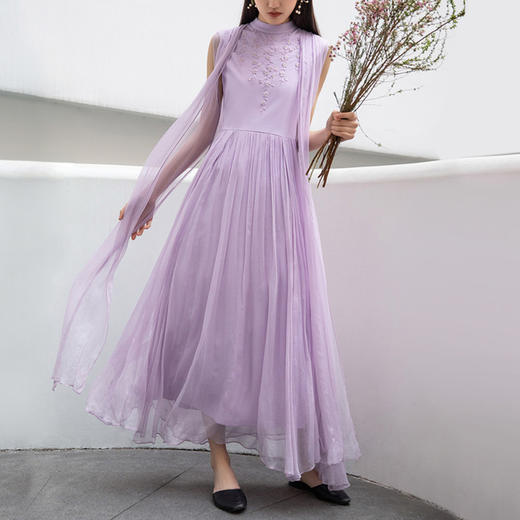 【林栖设计小店】女装新品粉紫色绣花真丝桑蚕丝中长款拼接连衣裙