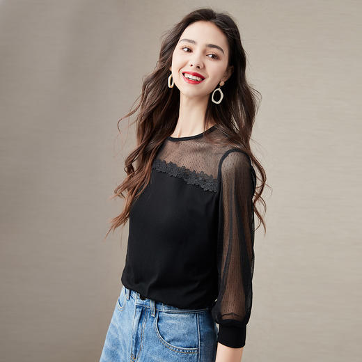 《sr#春季新品》时尚洋气拼接透视网纱显瘦七分袖上衣sr