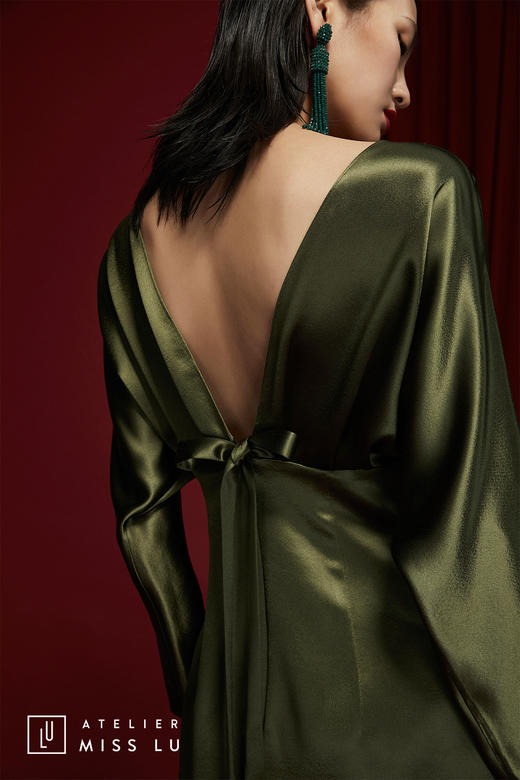 AtelierMissLu /Perez-月光绿褶皱V领露背连身裙 商品图5