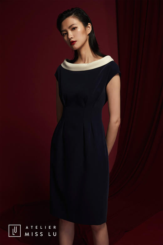 AtelierMissLu /Lucero-藏青色复古领职场连身裙 商品图4