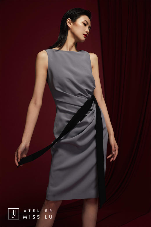 AtelierMissLu /Jacline-高级气质灰色系带抽褶连身裙 商品图3