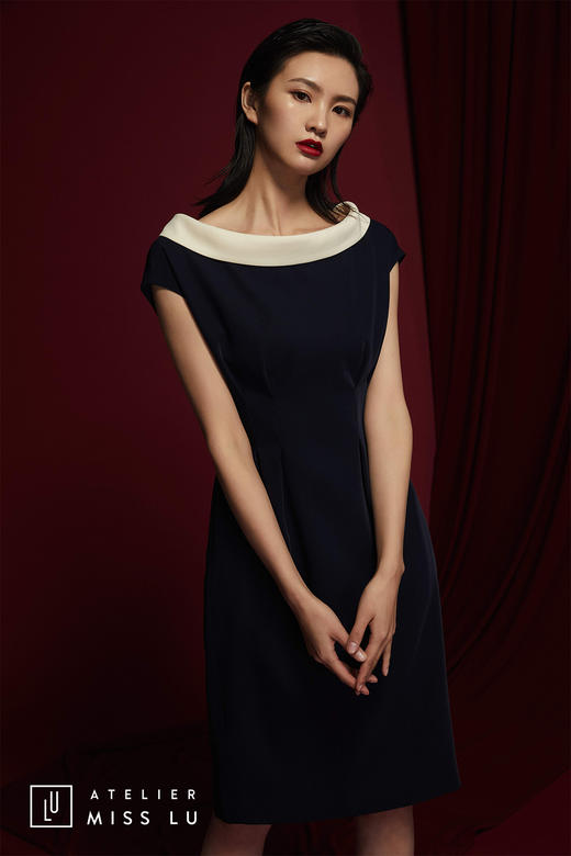 AtelierMissLu /Lucero-藏青色复古领职场连身裙 商品图2