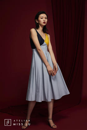 AtelierMissLu /Villa-拼色褶皱无袖连身裙