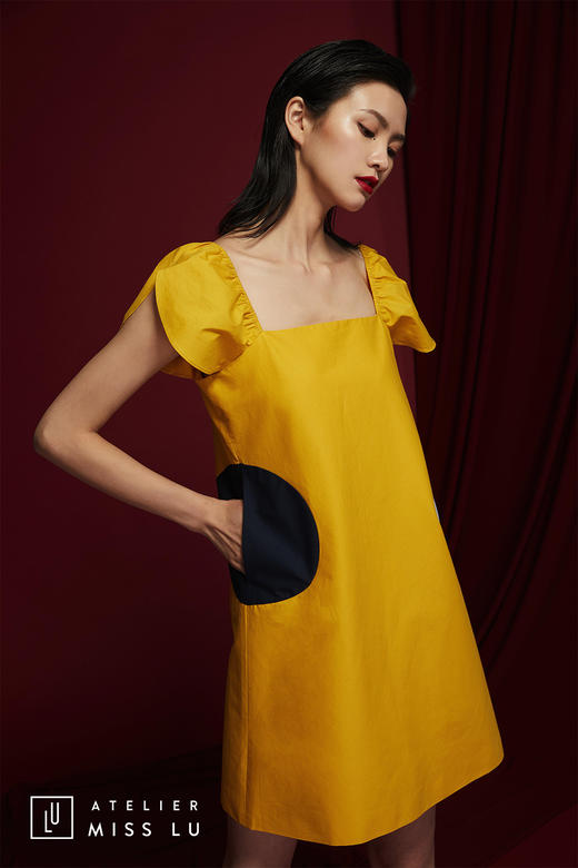 AtelierMissLu /Torres-流心黄拼色蓬蓬袖连身裙 商品图0