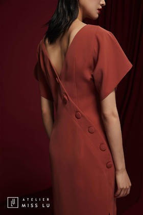 AtelierMissLu /Gonzales-肉桂橘露背斜扣方袖连身裙