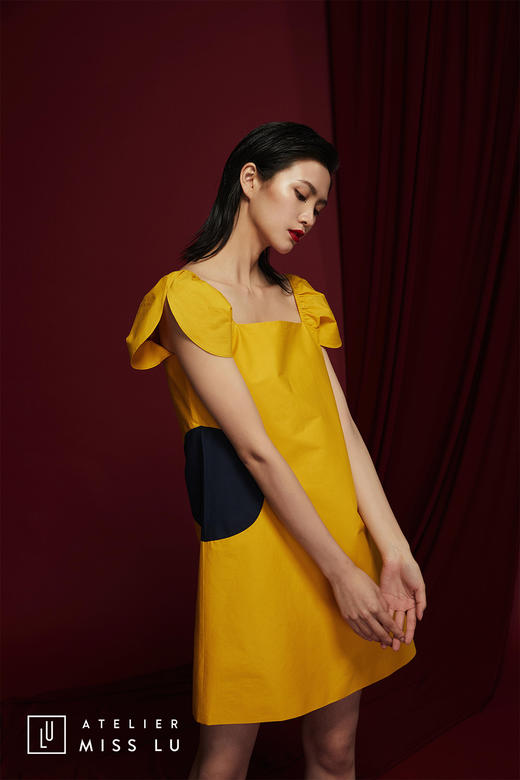 AtelierMissLu /Torres-流心黄拼色蓬蓬袖连身裙 商品图4