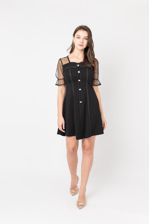 mag west唛希 连衣裙子女夏2020新款网纱黑色一字肩赫本风小黑裙