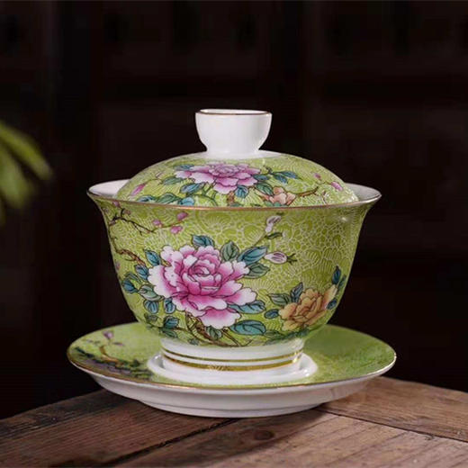 景德镇陶瓷盖碗茶具手绘渐变扒花三才盖碗茶杯泡茶大号茶碗茶杯