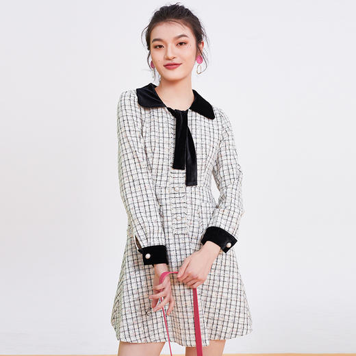 201322026 诺曼琦2020春季新款韩版优雅气质格子拼接收腰显瘦a字长袖