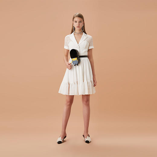 白色网格拼接荷叶边裙摆修身连衣裙 商品图2