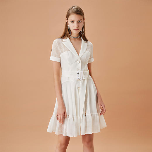 白色网格拼接荷叶边裙摆修身连衣裙 商品图0