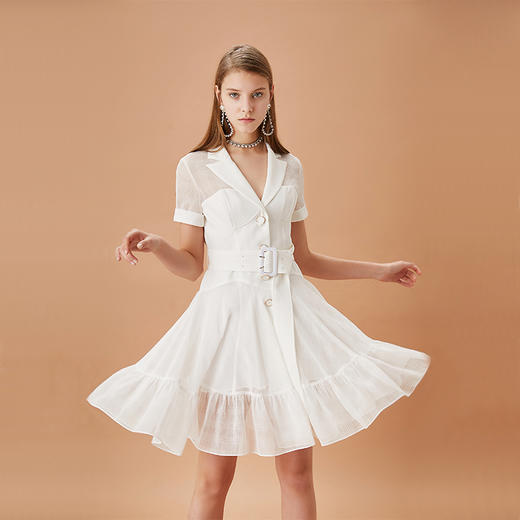 白色网格拼接荷叶边裙摆修身连衣裙 商品图1