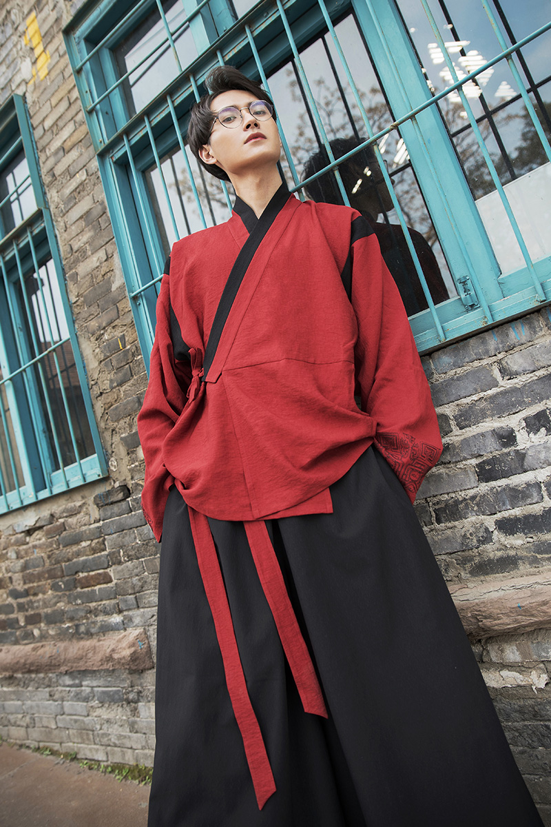 重回汉唐纳川原创汉服男改良汉元素春装晋制交领上襦阔腿裤子套装