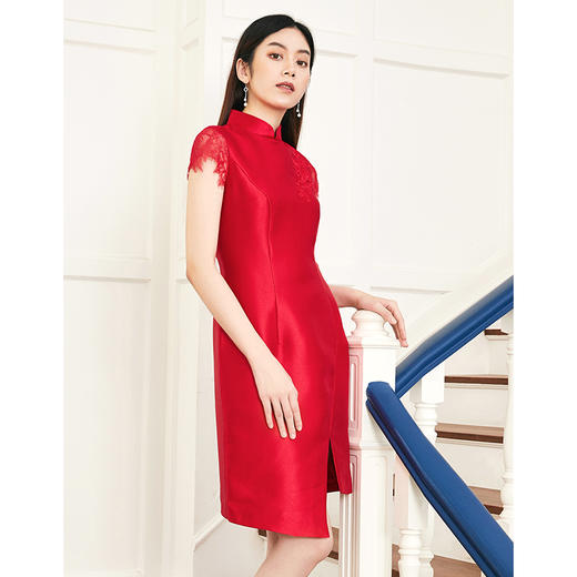 EITIE爱特爱品牌女装秋季优雅立领日常婚宴绣花红色礼服女5877523 商品图2