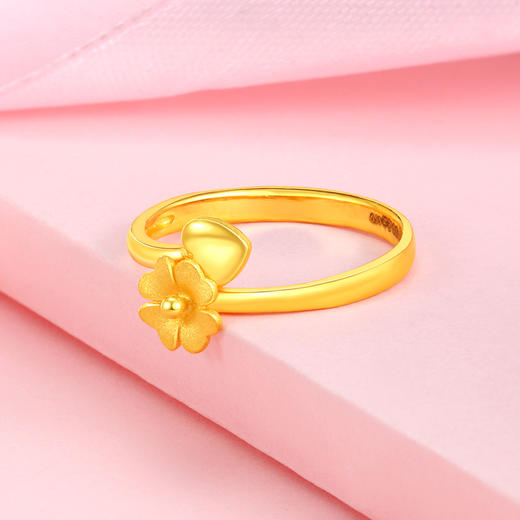 老庙黄金足金精品花型戒指 四叶草戒子送礼女戒可调节