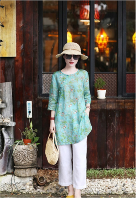 丁摩 新款旅行文艺苎麻印花五分袖套装19-128-132DB399240531