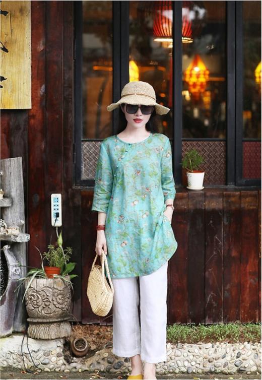 丁摩 新款旅行文艺苎麻印花五分袖套装19-128-132DB399240531 商品图0