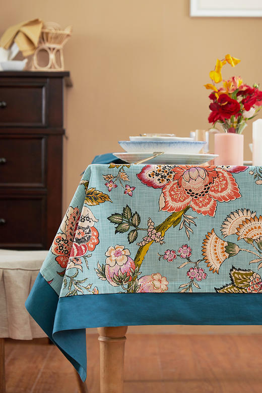 桌布美式田园桌布餐桌布艺蓝色银莲桌布茶几布盖布 商品图0