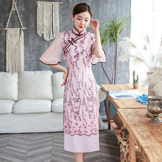 复古立领葫芦扣立体花朵亮片绣花大袖改良旗袍zsm200417