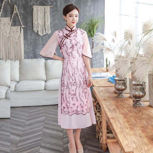 复古立领葫芦扣立体花朵亮片绣花大袖改良旗袍zsm200417