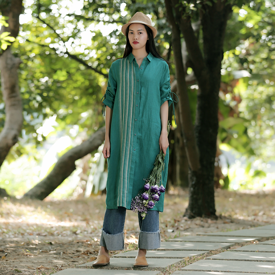 鲁朗亚麻色织竖条纹长款衬衫上衣