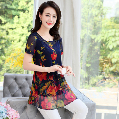 mz 3991 新款碎花小衫女短袖大码气质中年妈妈装上衣显瘦中长款雪纺衫