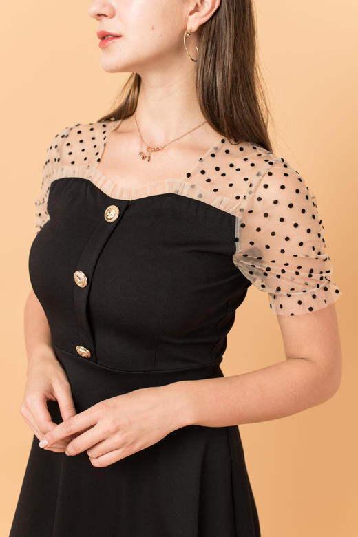 mag west唛希 小香风典雅连衣裙夏季潮流气质时尚韩版波点网纱泡泡袖