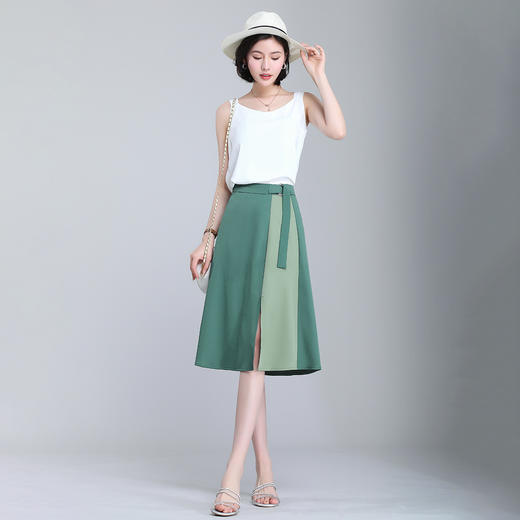 《xwi#夏季新品》时尚优雅撞色拼接腰头半系带女式半身裙xw