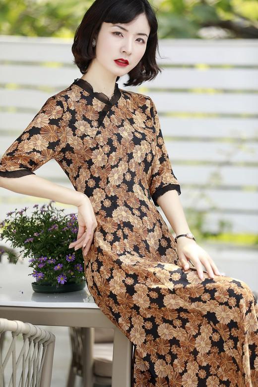 【东方丽人】荷叶领印花真丝旗袍连衣裙a