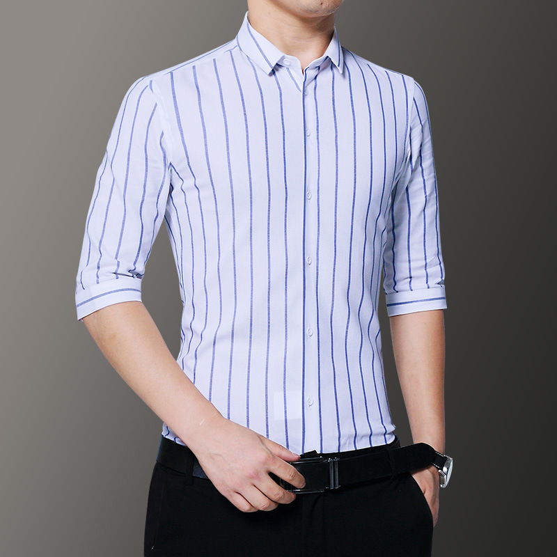 夏季新款男士中袖潮流条纹衬衫男式休闲韩版修身免烫纯棉衬衫