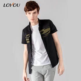 LOYOU男衬衣夏新品汽车火焰印花青年棉微弹修身流行短袖衬衫