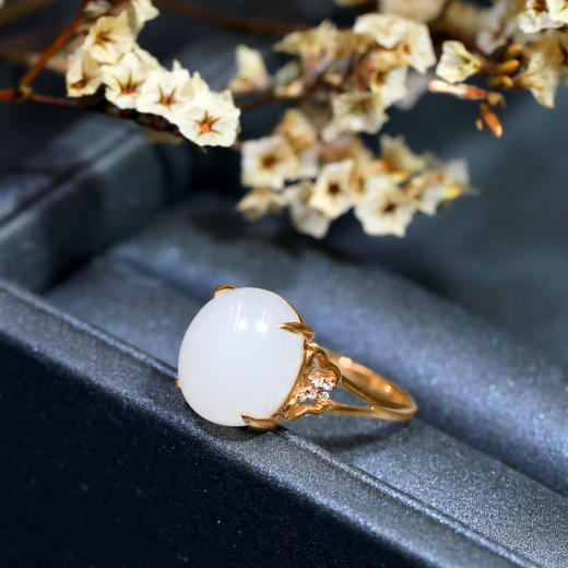 18K玫瑰金和田玉（白玉）镶钻戒指--梦蝶  /蛋面10*12mm（戒圈请留言备注） 商品图1