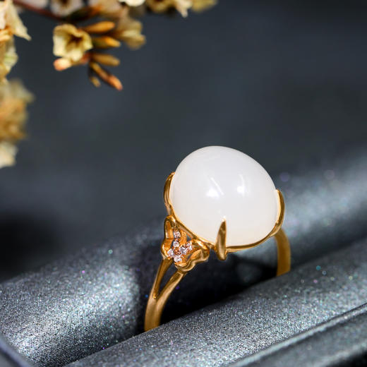 18K玫瑰金和田玉（白玉）镶钻戒指--梦蝶  /蛋面10*12mm（戒圈请留言备注） 商品图2