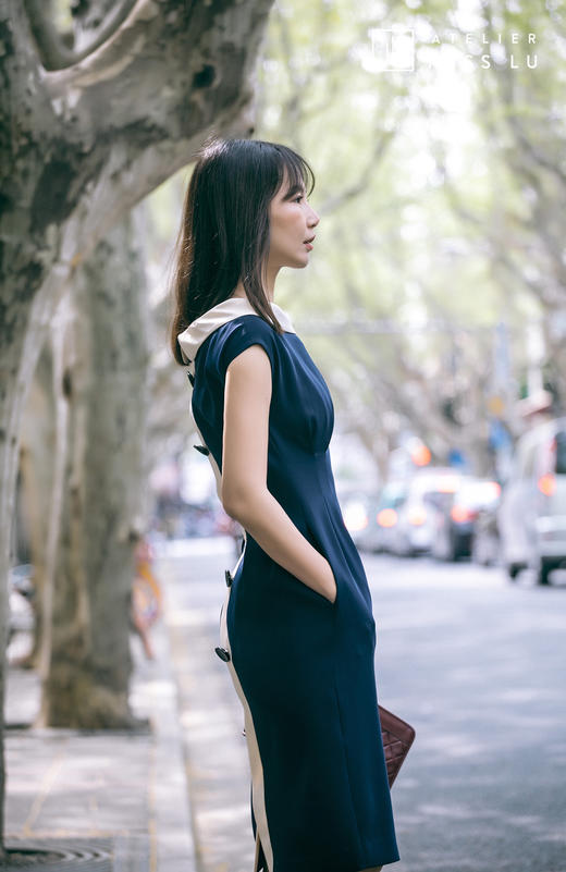 AtelierMissLu /Lucero-藏青色复古领职场连身裙 商品图9