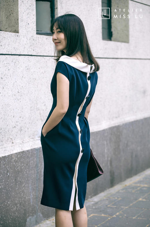 AtelierMissLu /Lucero-藏青色复古领职场连身裙 商品图8