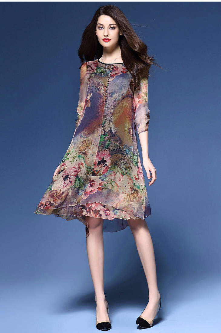 x026新款夏季女装裙子印花桑蚕丝中长款大码真丝连衣裙