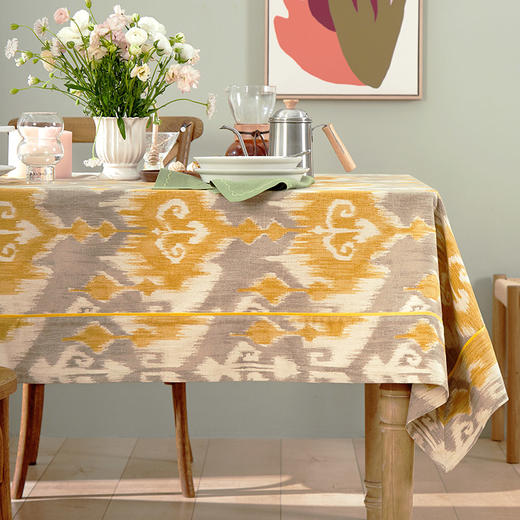 方桌布欧式田园餐桌布芥黄如意棉麻桌布 商品图1