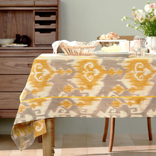 方桌布欧式田园餐桌布芥黄如意棉麻桌布 商品图0