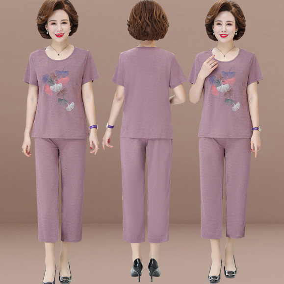 夏装短袖绣花新款中老年休闲洋气两件套